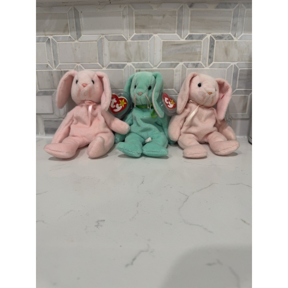 Ty Beanie Babies Bunny Lot (3) – Hippity (Green) & 2x Hoppity (Pink)-‎ Tag Error